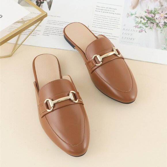 Brown Elegant Women's Metal Decor Flat Mules - Picture 4 of 8
